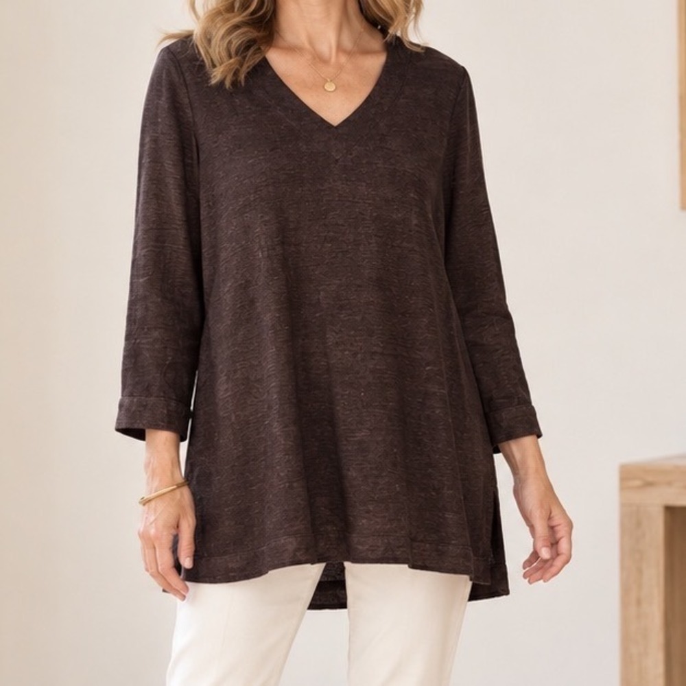 Chico's 100% Linen Brown V Neck Tunic Top Size 2 L 12 Lagenlook